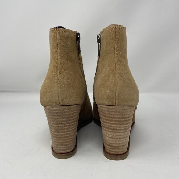 Lucky Brand Lureli Wedge Booties 9 Suede Open Toe Stacked Heel Leather Tan - Picture 7 of 8